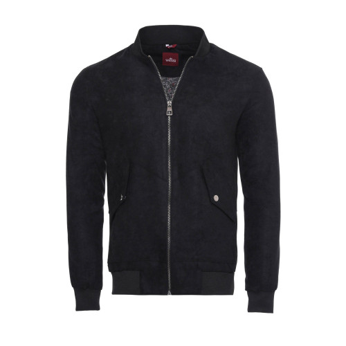 Flap Pockets Suede Men Bomber Coat | Navy Blue