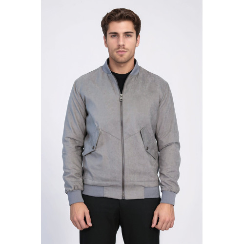 Patch Pockets Suede Bomber Coat | Grey