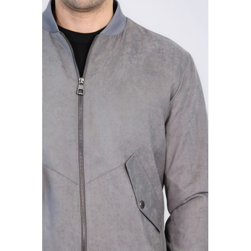 Patch Pockets Suede Bomber Coat | Grey