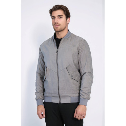 Patch Pockets Suede Bomber Coat | Grey
