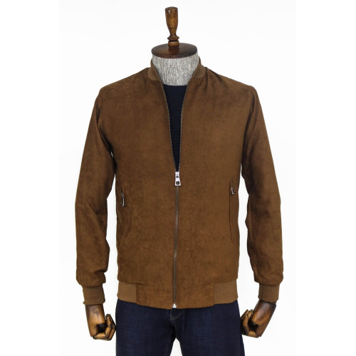 Plain Zippered Pockets Brown Men Bomber Coat