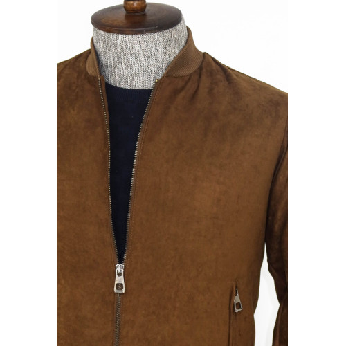 Plain Zippered Pockets Brown Men Bomber Coat