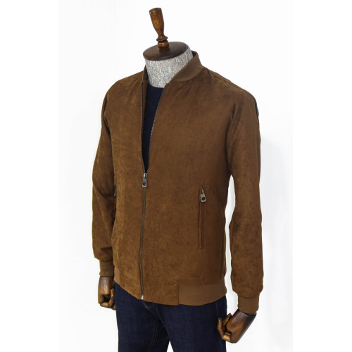 Plain Zippered Pockets Brown Men Bomber Coat