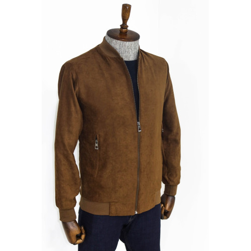 Plain Zippered Pockets Brown Men Bomber Coat