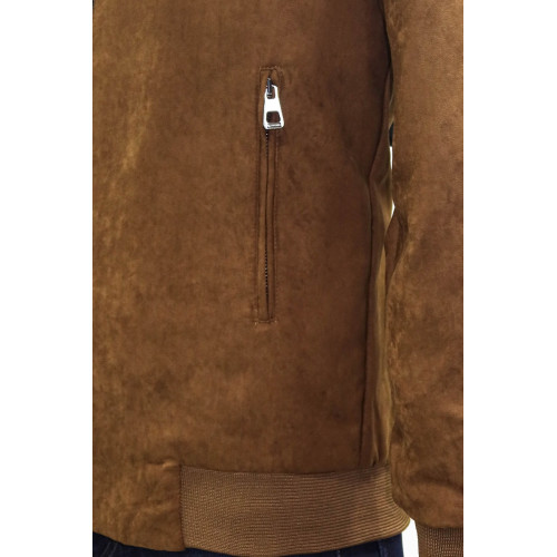Plain Zippered Pockets Brown Men Bomber Coat