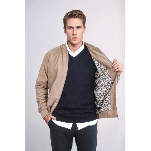 Plain Zippered Pockets Men Bomber Coat | Cream