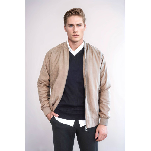 Plain Zippered Pockets Men Bomber Coat | Cream