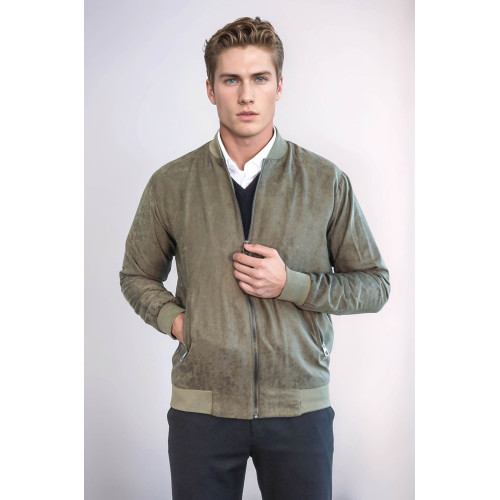 Plain Zippered Pockets Men Bomber Coat | Light Green