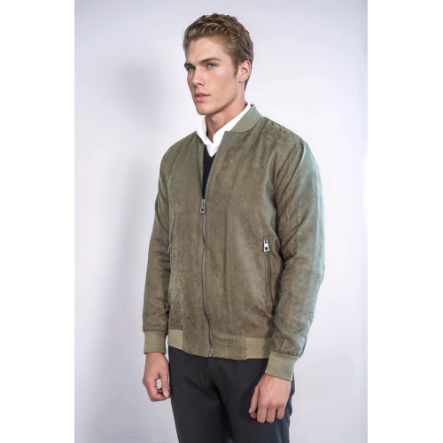 Plain Zippered Pockets Men Bomber Coat | Light Green