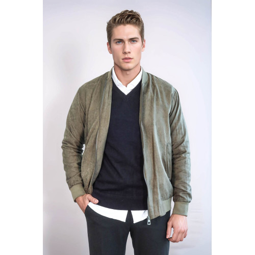 Plain Zippered Pockets Men Bomber Coat | Light Green