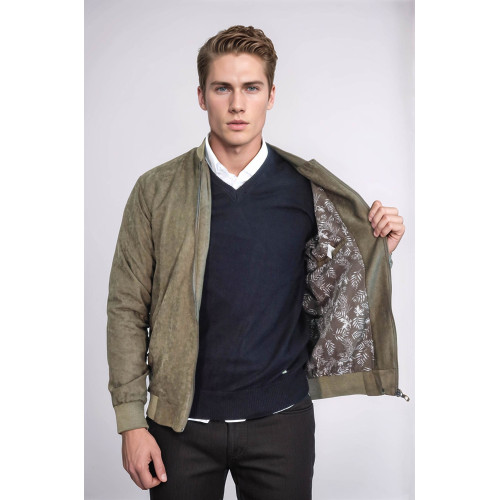 Plain Zippered Pockets Men Bomber Coat | Light Green