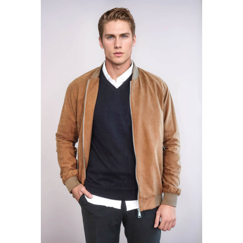 Plain Zippered Pockets Men Bomber Coat | Tan