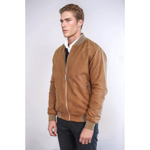 Plain Zippered Pockets Men Bomber Coat | Tan