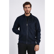 Plain Zippered Pockets Navy Blue Men Bomber Coat