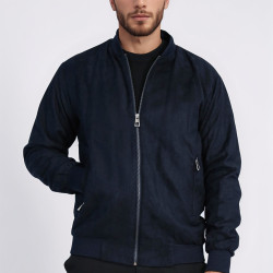Plain Zippered Pockets Navy Blue Men Bomber Coat