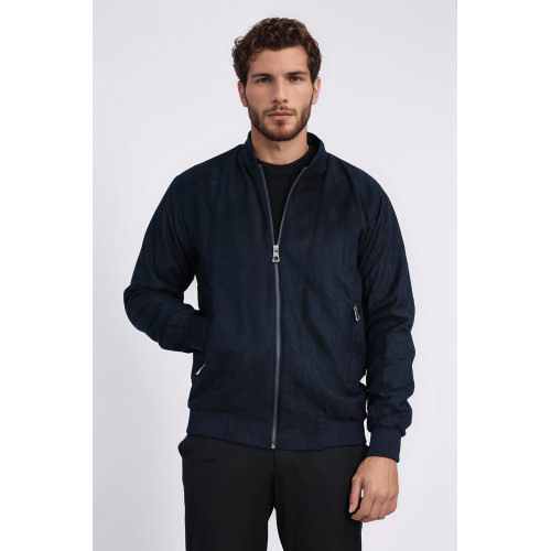 Plain Zippered Pockets Navy Blue Men Bomber Coat