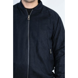 Plain Zippered Pockets Navy Blue Men Bomber Coat
