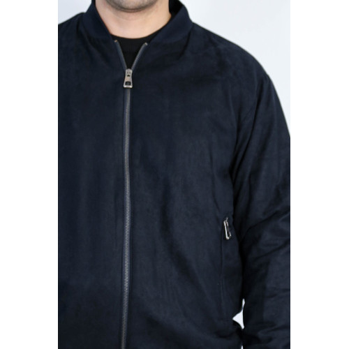 Plain Zippered Pockets Navy Blue Men Bomber Coat