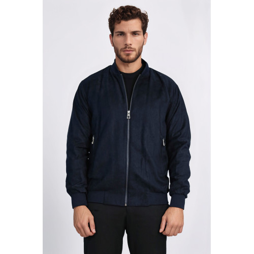 Plain Zippered Pockets Navy Blue Men Bomber Coat
