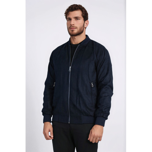 Plain Zippered Pockets Navy Blue Men Bomber Coat