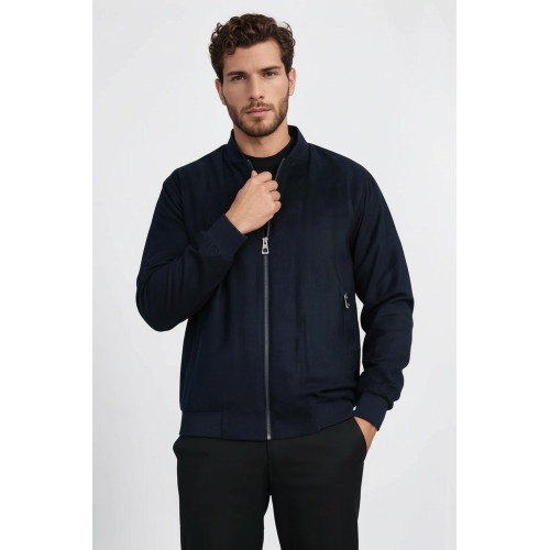 Plain Zippered Pockets Navy Blue Men Bomber Coat