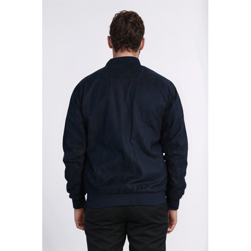 Plain Zippered Pockets Navy Blue Men Bomber Coat