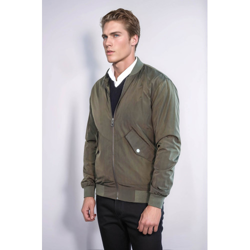 Zippered Flap Pockets  Men Bomber Coat  | Khaki