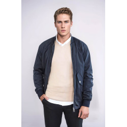 Flap Pockets Zippered Men Bomber Coat | Navy Blue