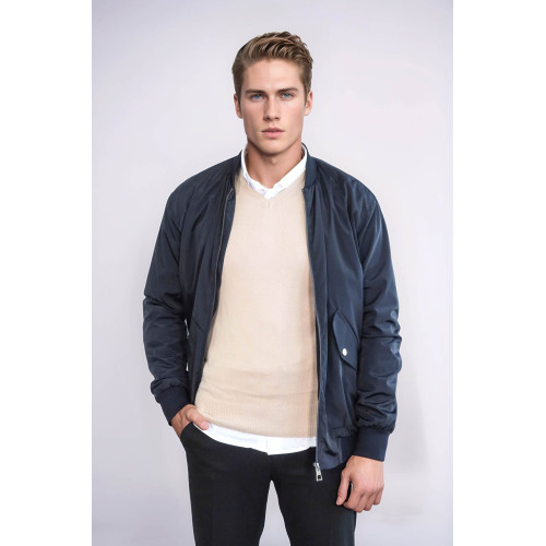 Flap Pockets Zippered Men Bomber Coat | Navy Blue