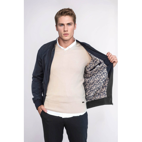 Flap Pockets Zippered Men Bomber Coat | Navy Blue