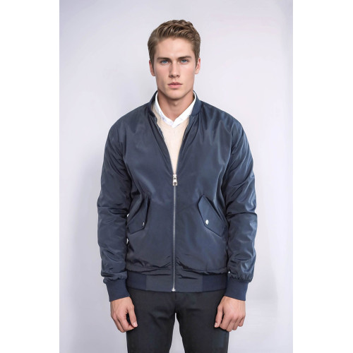 Flap Pockets Zippered Men Bomber Coat | Navy Blue