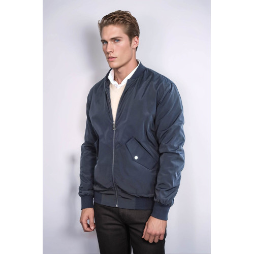 Flap Pockets Zippered Men Bomber Coat | Navy Blue