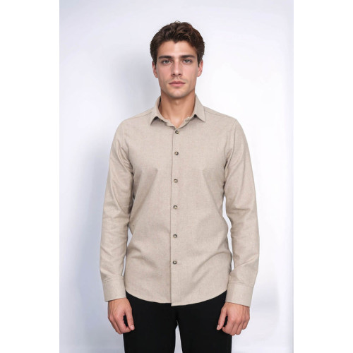 Cotton Plain Beige Mens Lumberjack Shirt  | Slim Fit