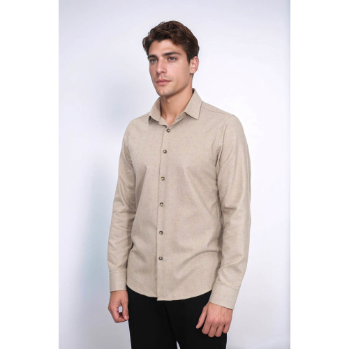 Cotton Plain Beige Mens Lumberjack Shirt  | Slim Fit