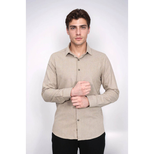 Cotton Plain Beige Mens Lumberjack Shirt  | Slim Fit