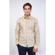 Beige Patterned Slim-Fit Men's Shirt