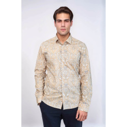 Beige Patterned Slim-Fit Men's Shirt