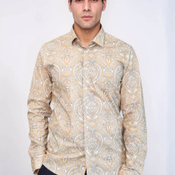 Beige Patterned Slim-Fit Men's Shirt