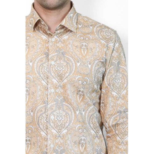 Beige Patterned Slim-Fit Men's Shirt
