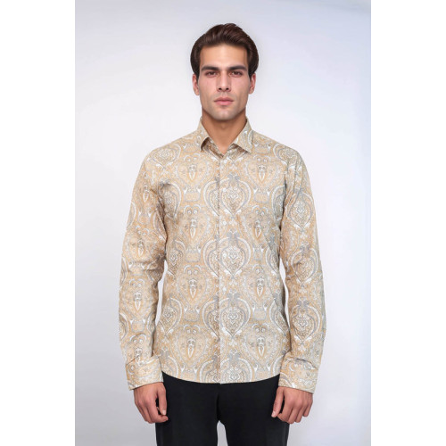 Beige Patterned Slim-Fit Men's Shirt