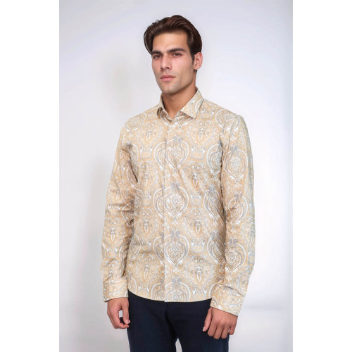 Beige Patterned Slim-Fit Men's Shirt