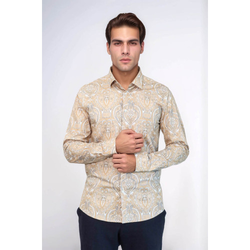 Beige Patterned Slim-Fit Men's Shirt