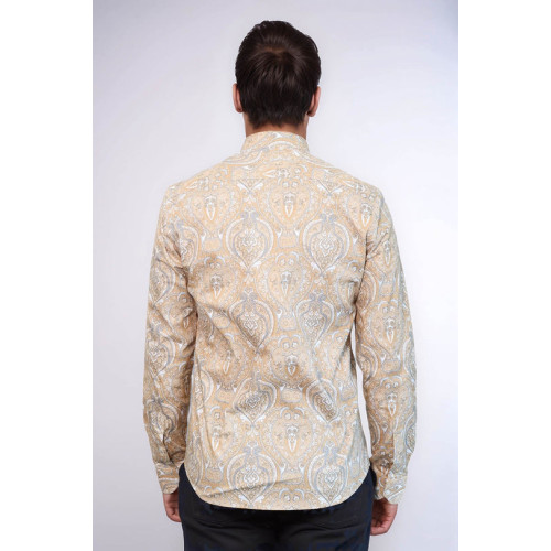 Beige Patterned Slim-Fit Men's Shirt