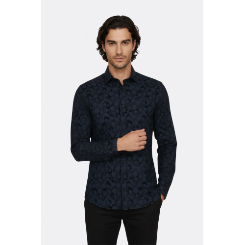 Bloom Patterned Dark Blue Slim Fit Shirts For Men