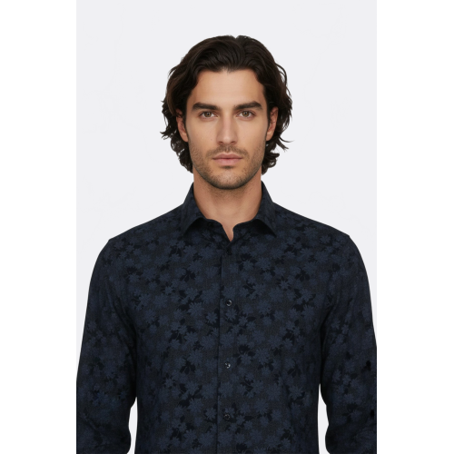Bloom Patterned Dark Blue Slim Fit Shirts For Men