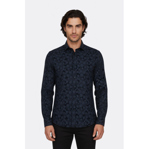 Bloom Patterned Dark Blue Slim Fit Shirts For Men