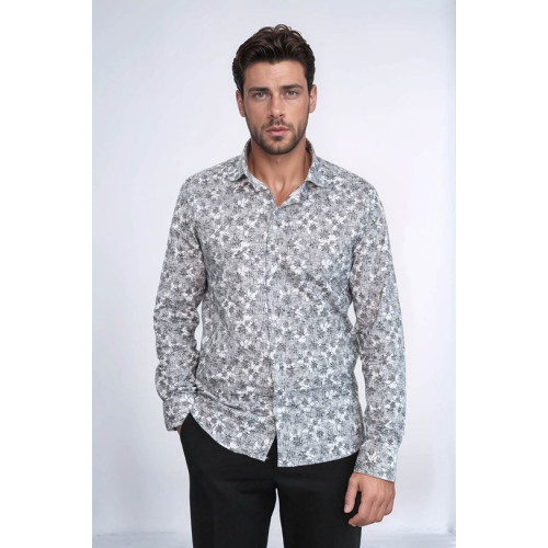 Bloom Patterned Dark Slim-Fit Grey Men's Shirt