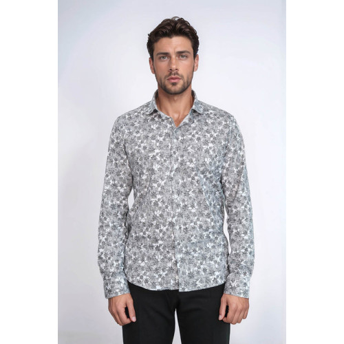 Bloom Patterned Dark Slim-Fit Grey Men's Shirt