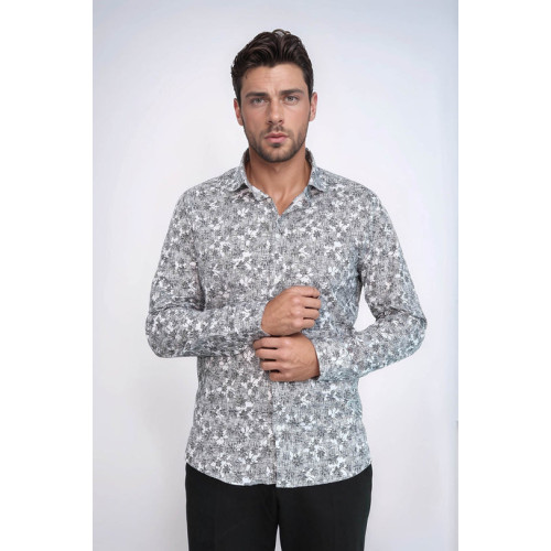Bloom Patterned Dark Slim-Fit Grey Men's Shirt