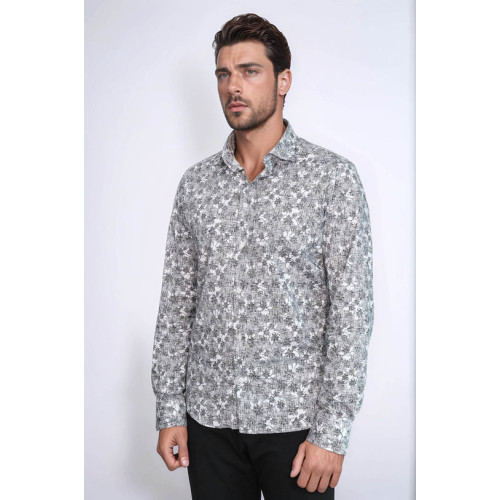Bloom Patterned Dark Slim-Fit Grey Men's Shirt